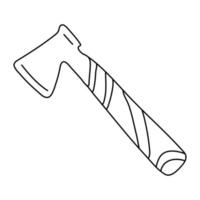 Hand drawn vector illustration of a axe in doodle style on white background. Isolated black outline. Camping equipment and work tool.