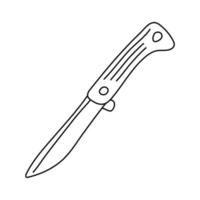 Folding knife. Hand drawn vector illustration in doodle style on white background. Isolated black outline. Camping and tourism equipment.