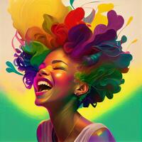 negro sonriente chica, moderno arco iris Arte estilo - ai generado imagen foto