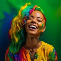 negro sonriente chica, moderno arco iris Arte estilo - ai generado imagen foto