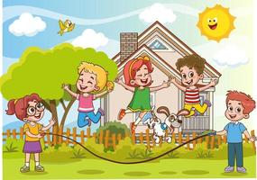 contento pequeño niños teniendo divertida. vector ilustración de linda niños saltando cuerda