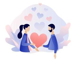 amoroso Pareja participación corazón en manos.. romántico fecha concepto. caracteres enamorado día. moderno plano dibujos animados estilo. vector ilustración en blanco antecedentes