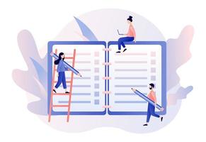 To Do List consept. Tiny people planning year, month, week. Notes, diary, planer, checklist, organizers and notebook pages. Modern flat cartoon style. Vector illustration on white background