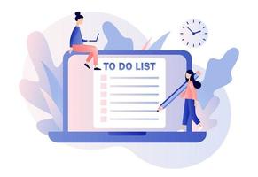 To Do List consept. Tiny people planning year, month, week. Notes online, diary, checklist, organizers and notebook pages. Modern flat cartoon style. Vector illustration on white background