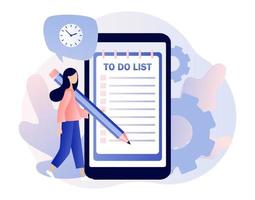 To Do List consept. Tiny girl planning year, month, week. Notes online, diary, checklist, organizers and notebook pages. Modern flat cartoon style. Vector illustration on white background