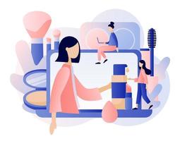 Makeup consept. Beauty blog, Make Up artist, Face Care and Beauty. Tiny people watches beauty blogger showing trend makeup tutorial. Modern flat cartoon style. Vector illustration on white background