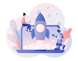 lunar misión espacio exploración. minúsculo personas lanza un cohete en espacio. astronave viaje a Luna. cohete volador alrededor Luna orbita. astronautas en espacio. moderno plano dibujos animados estilo. vector ilustración