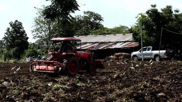 Traktor ist Pflügen das Boden zum Nächster Jahreszeit Ernte und das Vögel sind Nahrungssuche auf das Boden.- Nakhon Pathom Thailand -13 - - 06 - - 2021 video