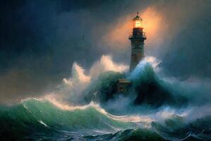 Lighthouse during storm at sea, oil or watercolor painting. Generative AI photo