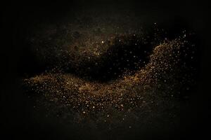 Golden particles and dots on a black grunge background. Space abstract design. photo