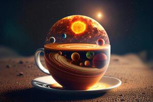 Space, sun and planets in cup, abstract creative background. photo