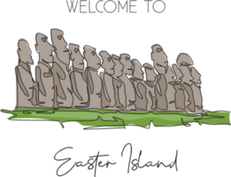 eine einzige strichzeichnung moai statue wahrzeichen. weltberühmter Ort auf der Osterinsel. tourismus reise nach hause wand dekor poster print postkarte konzept. moderne durchgehende Linie zeichnen Design-Vektor-Illustration png