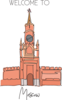 een enkele lijntekening spasskaya toren landmark. wereldberoemde plaats in moskou, rusland. toerisme reizen briefkaart muur decor poster print concept. moderne doorlopende lijn tekenen ontwerp vectorillustratie png