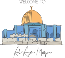 única linha contínua desenhando o marco da mesquita al aqsa. lugar sagrado da masjid em jerusalém. conceito de impressão de pôster de decoração de parede de arte para casa de campanha de viagens mundiais. ilustração em vetor design de desenho dinâmico de uma linha png