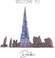 un dibujo de línea continua hito de la torre burj khalifa. lugar icónico mundial en dubai, emiratos árabes unidos. concepto de impresión de póster de arte de decoración de pared de casa de vacaciones de vacaciones. Ilustración de vector de diseño de dibujo de una sola línea moderna png