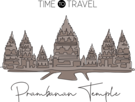 une seule ligne dessinant le point de repère du temple de prambanan. lieu de renommée mondiale à jogja, indonésie. concept d'impression de décor de mur de maison de carte postale de voyage de tourisme. illustration vectorielle de dessin de ligne continue moderne png