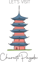 único dibujo de línea continua punto de referencia de la pagoda chureito. hermoso lugar famoso en fujiyoshida, japón. concepto de arte del póster de la decoración de la pared de la gira mundial de viajes. Ilustración de vector de diseño de dibujo de una línea moderna png