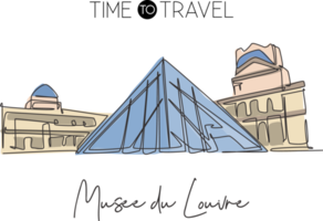 One continuous line drawing of welcome to Musee du Louvre or Louvre Museum. World iconic place in Paris, France. Wall decor poster print concept. Vector illustration png