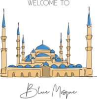 uma única linha desenhando o marco da mesquita azul. lugar famoso em Istambul, Turquia. conceito de impressão de cartaz de arte de parede de decoração de casa de cartão postal de viagens de turismo. ilustração em vetor design de desenho de linha contínua moderna png