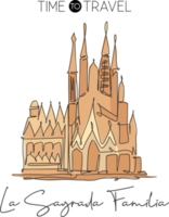 Single continuous line drawing of Basilica de la Sagrada Familia landmark. Beautiful famous place in Barcelona, Spain. World travel tour. Vector graphic illustration png