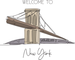 One continuous line drawing Brooklyn Bridge landmark. World beauty iconic place in New York, USA. Home wall decor art poster print concept. Modern single line draw design vector graphic illustration png