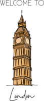 enda kontinuerlig linjeritning av big ben klocktorn landmärke. historisk ikonisk skönhetsplats i london. heminredning väggkonst affisch print koncept. moderna en rad rita design vektorillustration png