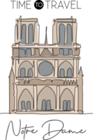 una linea continua che disegna il punto di riferimento di Notre Dame. luogo iconico del mondo a parigi, francia. concetto di stampa di poster di arte della decorazione della parete della casa delle vacanze di vacanza. illustrazione vettoriale moderna con disegno a linea singola png