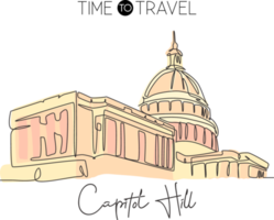 Single continuous line drawing Capitol Hill landmark. Iconic famous place in Washington DC, USA. World travel home wall decor art poster print concept. Modern one line draw design vector illustration png