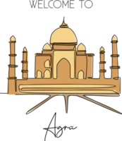 enda en rad ritning taj mahal moskén. skönhet historisk ikonisk plats i agra, Indien väggdekoration affischkonst. turism resor vykort koncept. modern kontinuerlig linje rita design vektorillustration png