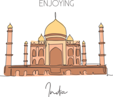 Single continuous line drawing Taj Mahal palace landmark. Beauty famous place in Agra, India. World travel home wall decor art poster print concept. Modern one line draw design vector illustration png