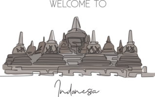 Single continuous line drawing Candi Borobudur Temple landmark. Beautiful famous place in Indonesia. World travel home wall decor poster print concept. Modern one line draw design vector illustration png