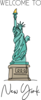 un disegno a linea continua alla statua della libertà. luogo storico iconico a New York, Stati Uniti. concetto di stampa del manifesto di arte della parete della decorazione della casa di vacanza delle vacanze. illustrazione vettoriale moderna con disegno a linea singola png