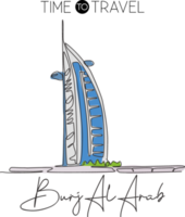 single doorlopend lijn tekening van Welkom naar burj al Arabisch mijlpaal. dubai, Verenigde Arabisch van emiraten beroemd plaats. huis decor muur kunst poster afdrukken. vector illustratie png