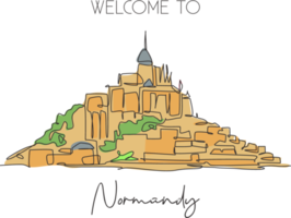 Single continuous line drawing Le Mont Saint Michel landmark. Beautiful famous place in Normandy, France. World travel tour home wall decor art concept. Modern one line draw design vector illustration png