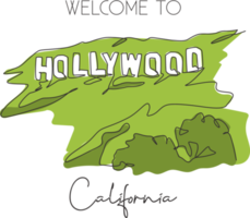 enkele doorlopende lijntekening van hollywood sign landmark. beroemde plaats in Los Angeles, Californië, ons. Home decor kunst aan de muur poster afdrukken. vector grafische illustratie png