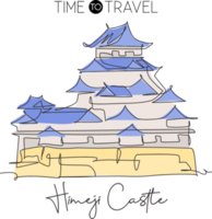 uma única linha desenhando o marco do castelo himeji. palácio icônico mundialmente famoso em himeji, japão. conceito de impressão de decoração de parede de cartão postal de viagens de turismo. ilustração em vetor design de desenho de linha contínua moderna png