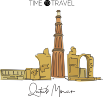 Single continuous line drawing Qutub Minar mosque landmark. Most beautiful famous place in Delhi, India. World travel wall decor poster print concept. Modern one line draw design vector illustration png