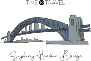 punto di riferimento del ponte del porto di Sydney di disegno a linea continua singola. bella costruzione in australia. concetto di poster di arte della parete della decorazione della casa di viaggio del mondo. illustrazione vettoriale moderna di disegno di una linea png