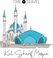dessin en ligne continue unique point de repère de la mosquée kul sharif. bel endroit célèbre à kazan en russie. concept d'art d'affiche de décor de mur de maison de lieu saint du monde. illustration vectorielle de dessin dynamique à une ligne png