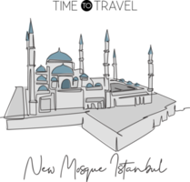 One continuous line drawing New Mosque landmark skyline masjid building landscape at Istanbul Turkey. Religious tour wall decor poster print concept. Trendy single line draw design vector illustration png