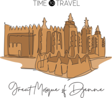 enkele doorlopende lijntekening grote moskee van djenne landmark. prachtige plek in mali, afrika. wereldreis reizen huis muur decor poster kunst concept. dynamische één lijn tekenen ontwerp vectorillustratie png