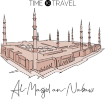 One continuous line drawing Masjidil An Nabawi landmark. Holy masjid at Medina Saudi Arabia. Religious hajj and umrah pray place concept. Wall decor poster. Single line draw design vector illustration png