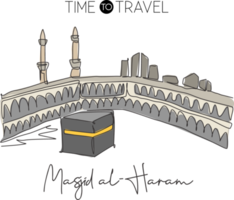 uma única linha de desenho masjid el haram marco. mundialmente famoso icônico em meca, arábia saudita. arte de impressão de decoração de parede religiosa hajj umrah conceito. ilustração em vetor design de desenho de linha contínua moderna png