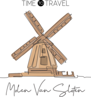 Eine einzige Strichzeichnung de Gooyer Windmill Landmark. weltberühmter Ort in den Niederlanden. tourismusreisepostkartenwanddekorplakatdruckkonzept. moderne durchgehende Linie zeichnen Design-Vektor-Illustration png