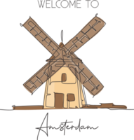 Single continuous line drawing Molen De Adriaan Windmill landmark. Beauty famous place in Netherlands. World travel home decor wall art poster concept. Modern one line draw design vector illustration png