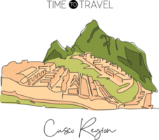 een ononderbroken lijntekening machu picchu landmark. wereld iconische plaats in het oosten van Cordillera, Peru. vakantie vakantie huis muur decor poster concept. moderne enkele lijn tekenen ontwerp vectorillustratie png