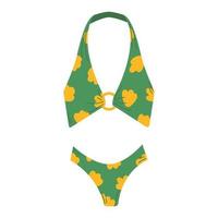 Flat vector isolated illustration of cartoon trendy female beachwear. Two pieces green swimming suit or bathing underwear lingerie with yellow flowers and neck ties.