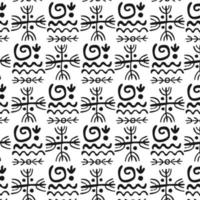 Seamless pattern drawings of ancient tribe. Primitive ethnic ornament, petroglyph. Symbol, cross Icon. Ancient patterns. Stone age. Prehistoric art of cavemen. For print, textiles, fabrics. Vector