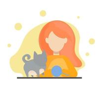 plano vector rojo niña jugando con un gris gato y un pelota de hilo