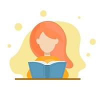 flat vector redhead girl sitting at a table and reading a book